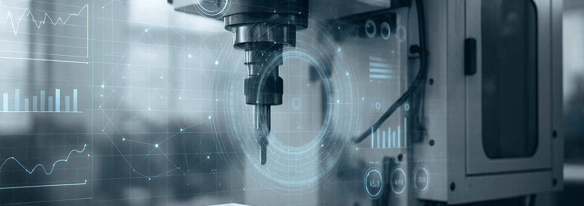 Moderne CNC-Maschine mit digitalen Overlays und Echtzeitdaten in einer hellen Werkstatt – Symbol für vernetzte Fertigung und Industrie 4.0.