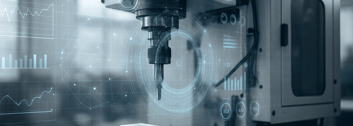 Moderne CNC-Maschine mit digitalen Overlays und Echtzeitdaten in einer hellen Werkstatt – Symbol für vernetzte Fertigung und Industrie 4.0.