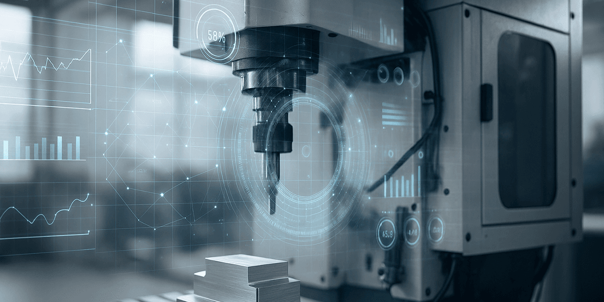Industrie_4_0 Moderne CNC-Maschine mit digitalen Overlays und Echtzeitdaten in einer hellen Werkstatt – Symbol für vernetzte Fertigung und Industrie 4.0.