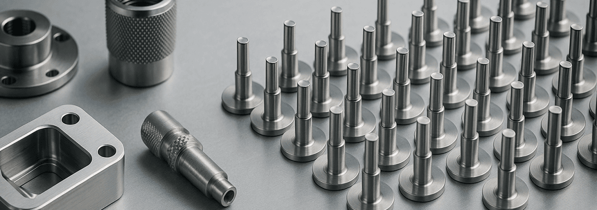 CNC Kleinserienfertigung mit wenigen individuellen Bauteilen im Vergleich zur CNC Großserienfertigung mit vielen identischen Werkstücken in einer Reihe.