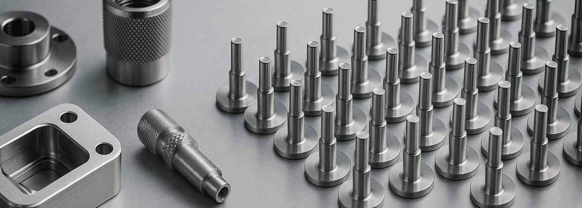 CNC Kleinserienfertigung mit wenigen individuellen Bauteilen im Vergleich zur CNC Großserienfertigung mit vielen identischen Werkstücken in einer Reihe.