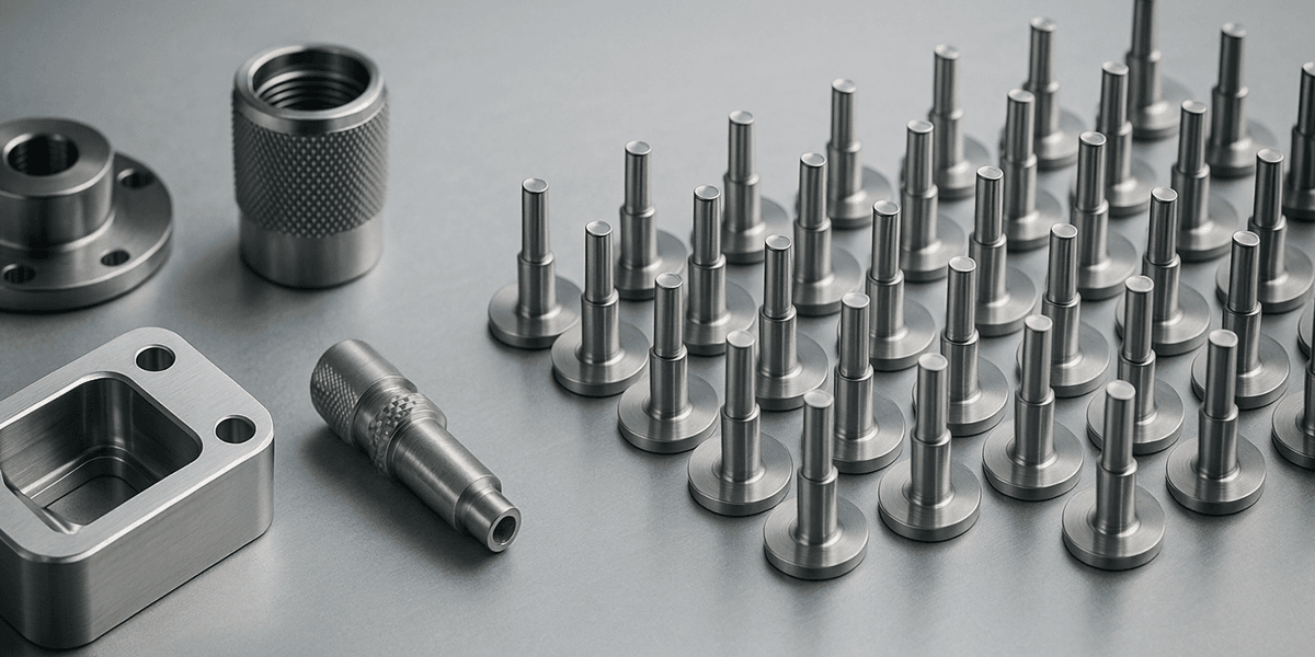 Klein_Großserien CNC Kleinserienfertigung mit wenigen individuellen Bauteilen im Vergleich zur CNC Großserienfertigung mit vielen identischen Werkstücken in einer Reihe.