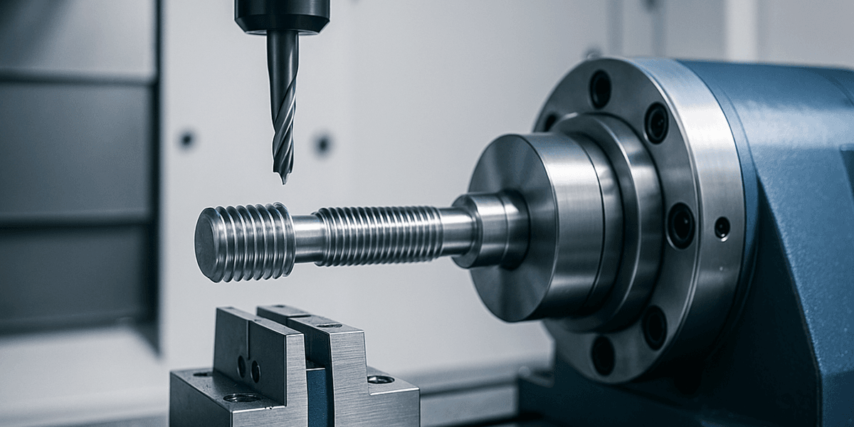 Medizintechnik CNC Fertigung für Medizintechnik – Bearbeitung einer Titan-Knochenschraube auf einer modernen CNC-Maschine mit hoher Präzision.