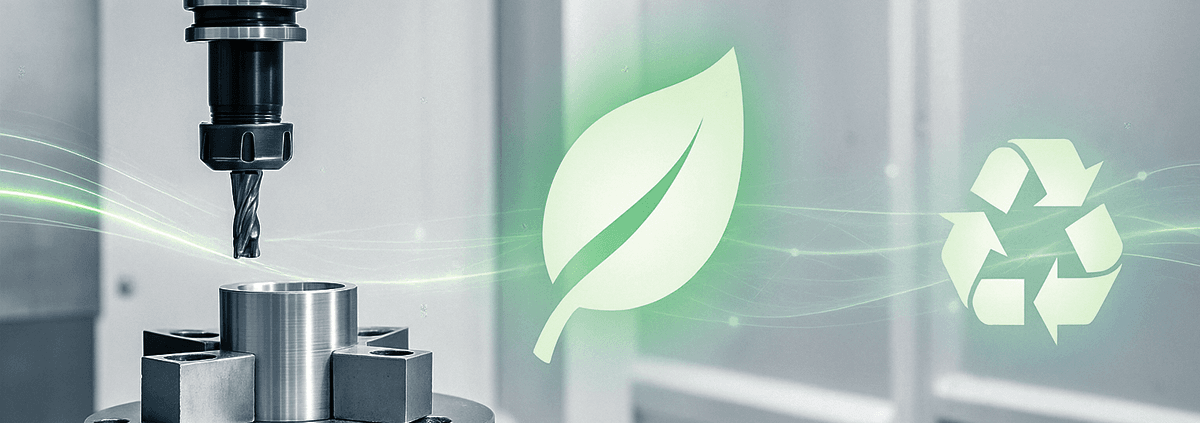 Nachhaltigkeit CNC Fertigung – moderne CNC-Maschine bei der Bearbeitung eines Metallteils mit Symbolen für Energieeffizienz, Recycling und Ressourcenschonung.