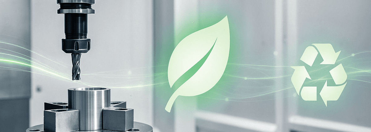 Nachhaltigkeit CNC Fertigung – moderne CNC-Maschine bei der Bearbeitung eines Metallteils mit Symbolen für Energieeffizienz, Recycling und Ressourcenschonung.