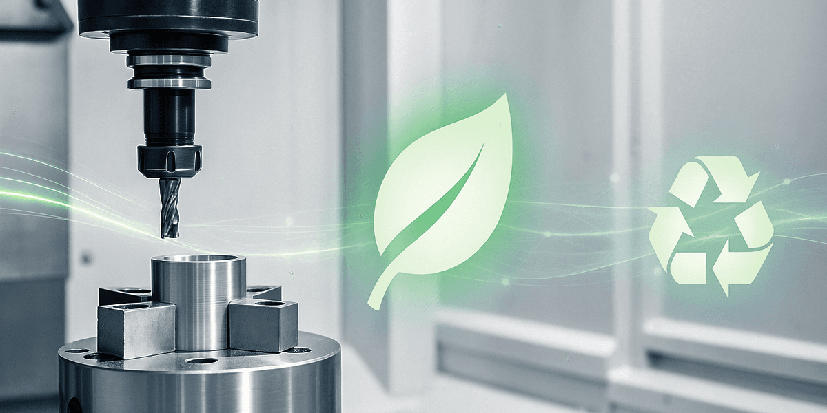 Nachhaltigkeit CNC Fertigung – moderne CNC-Maschine bei der Bearbeitung eines Metallteils mit Symbolen für Energieeffizienz, Recycling und Ressourcenschonung.