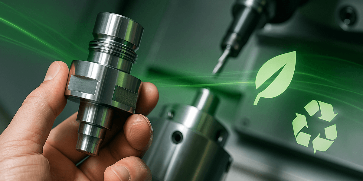 Eine Hand hält ein präzise gefertigtes CNC-Drehteil vor einer modernen Maschine in einer hellen Werkstatt. Das Werkstück spiegelt grünes Licht als Symbol für nachhaltige Fertigung.