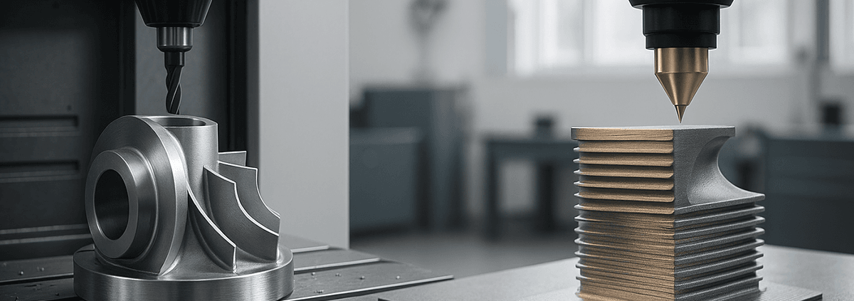 CNC Zukunftstechnologien – Hybridfertigung mit CNC-Maschine und 3D-Druckkopf, Werkstück in Bearbeitung in moderner, heller Werkstattumgebung.